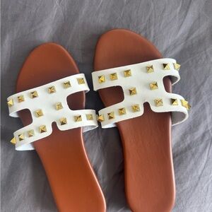 White and Brown Studded Women's Sandals